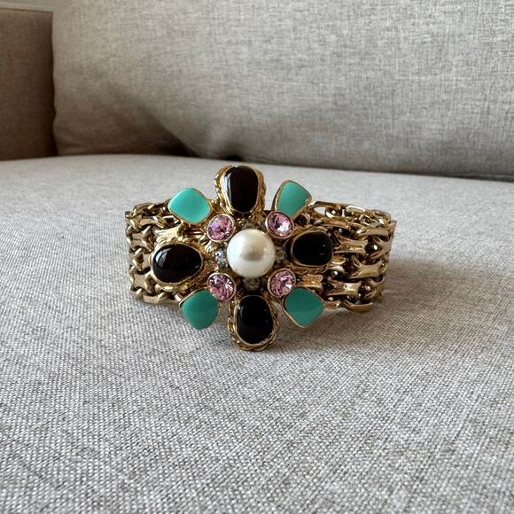 CHANEL Gold Plated Chainlink Gripiox Bracelet Pearl Gem Embellished CC Char - Picture 2 of 7